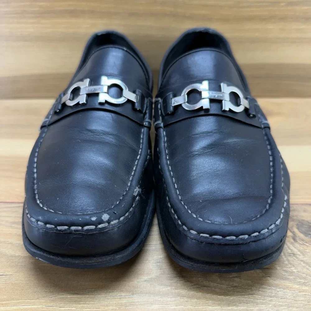 Salvatore Ferragamo Gancini Bit Loafers Mens 9 EE Black Leather Moc Toe Formal
